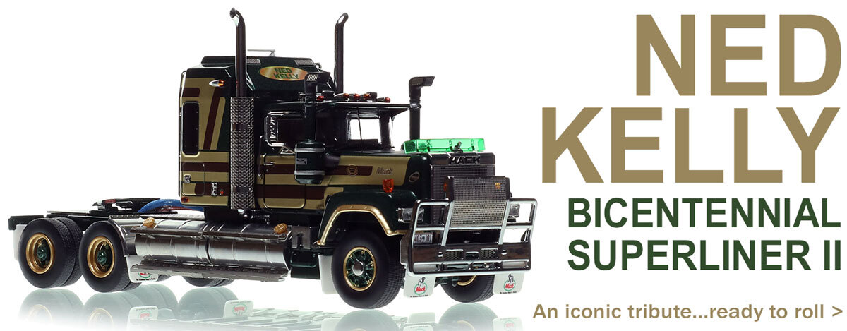 1:50 scale diecast model of Mack Bicentennial Superliner II Tandem-Axle Sleeper - Ned Kelly AU