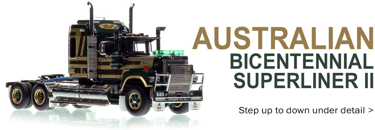 1:50 scale model of Mack Bicentennial Superliner II Tandem-Axle Sleeper - William Hovell AU by Drake Collectibles