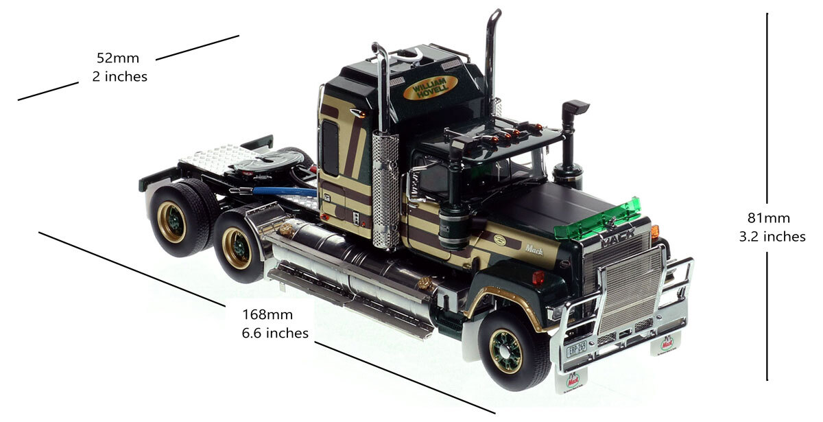 Dimensions of 1:50 scale model of Mack Bicentennial Superliner II Tandem-Axle Sleeper - William Hovell AU