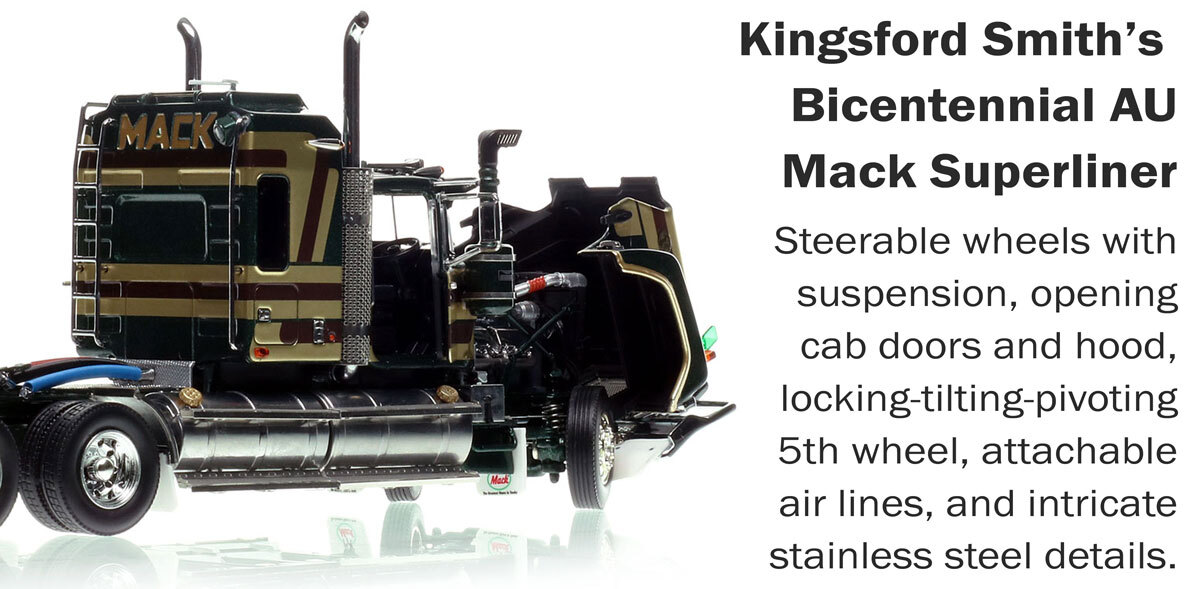 Functions of 1:50 scale model of Mack Bicentennial Superliner II Tandem-Axle Sleeper - Kingsford Smith AU