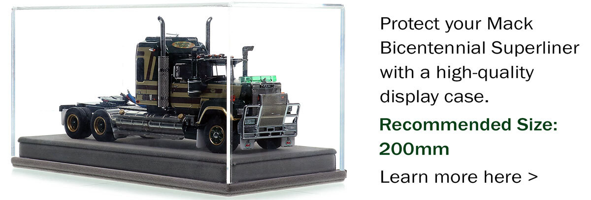 Display case for 1:50 scale model of Mack Bicentennial Superliner II Tandem-Axle Sleeper - Captain Cook AU