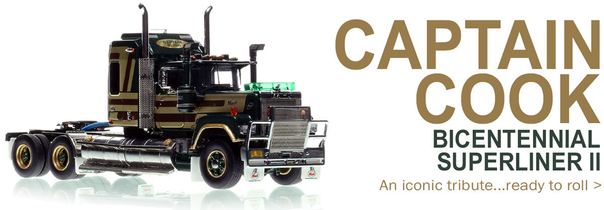 1:50 scale diecast model ofMack Bicentennial Superliner II Tandem-Axle Sleeper - Captain Cook AU