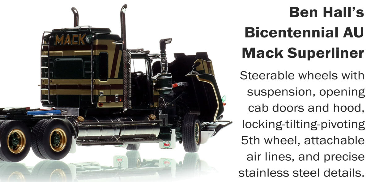 functions of 1:50 scale diecast model of Mack Bicentennial Superliner II Tandem-Axle Sleeper - Ben Hall AU
