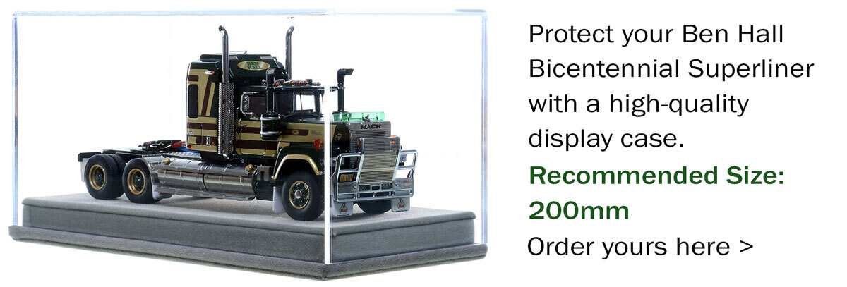 display case for 1:50 scale diecast model of Mack Bicentennial Superliner II Tandem-Axle Sleeper - Ben Hall AU