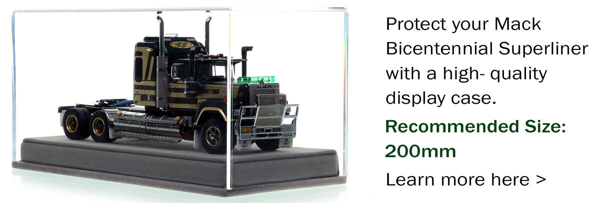 Display case for 1:50 scale model of  Mack Bicentennial Superliner II Tandem-Axle Sleeper - Captain Bligh AU