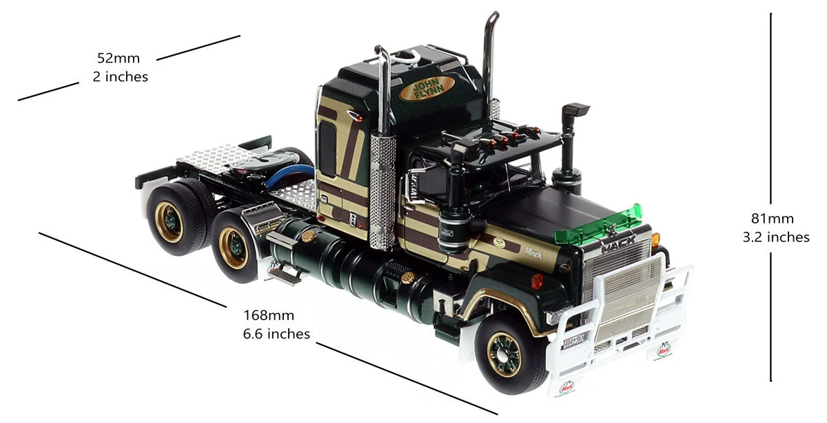 Dimensions of 1:50 scale model of Mack Bicentennial Superliner II Tandem-Axle Sleeper -John Flynn AU