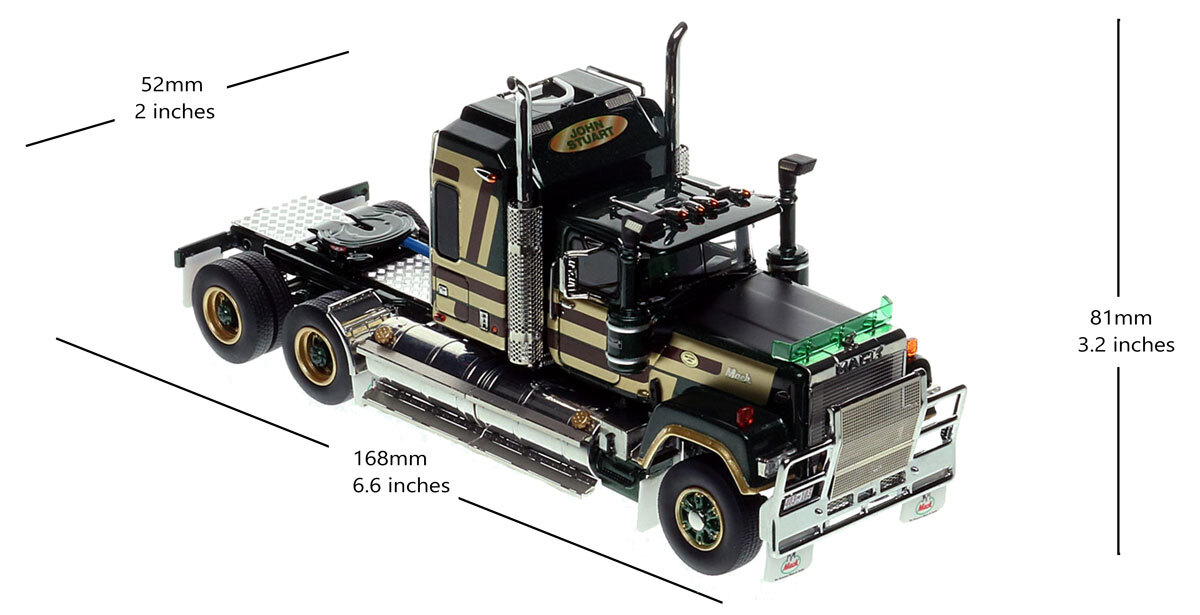 dimentions of 1:50 scale diecast model of Mack Bicentennial Superliner II Tandem-Axle Sleeper - John Stuart AU