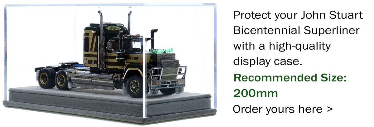 display case for 1:50 scale diecast model of Mack Bicentennial Superliner II Tandem-Axle Sleeper - John Stuart AU