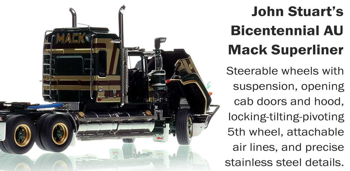 functions of 1:50 scale diecast model of Mack Bicentennial Superliner II Tandem-Axle Sleeper - John Stuart AU