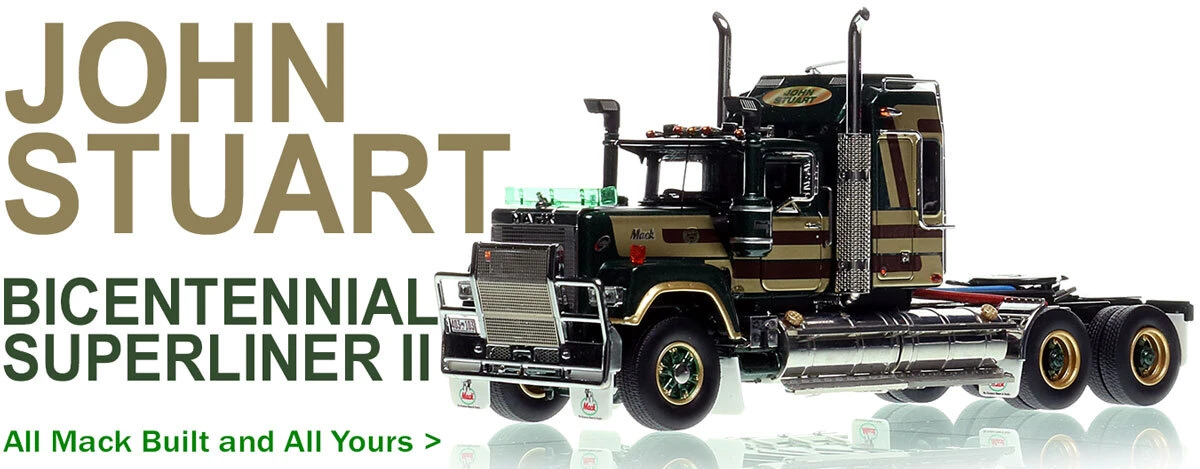 1:50 scale diecast model of Mack Bicentennial Superliner II Tandem-Axle Sleeper - John Stuart AU