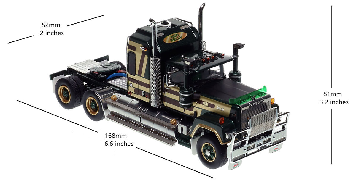 dimensions of 1:50 scale diecast model of Mack Bicentennial Superliner II Tandem-Axle Sleeper - Ned Kelly AU