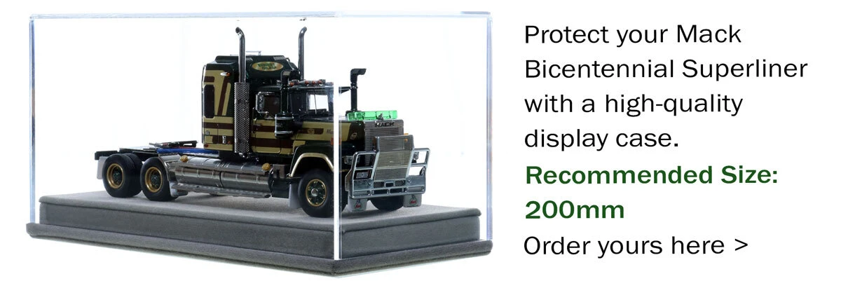 display case for 1:50 scale diecast model of Mack Bicentennial Superliner II Tandem-Axle Sleeper - Ernest Giles AU
