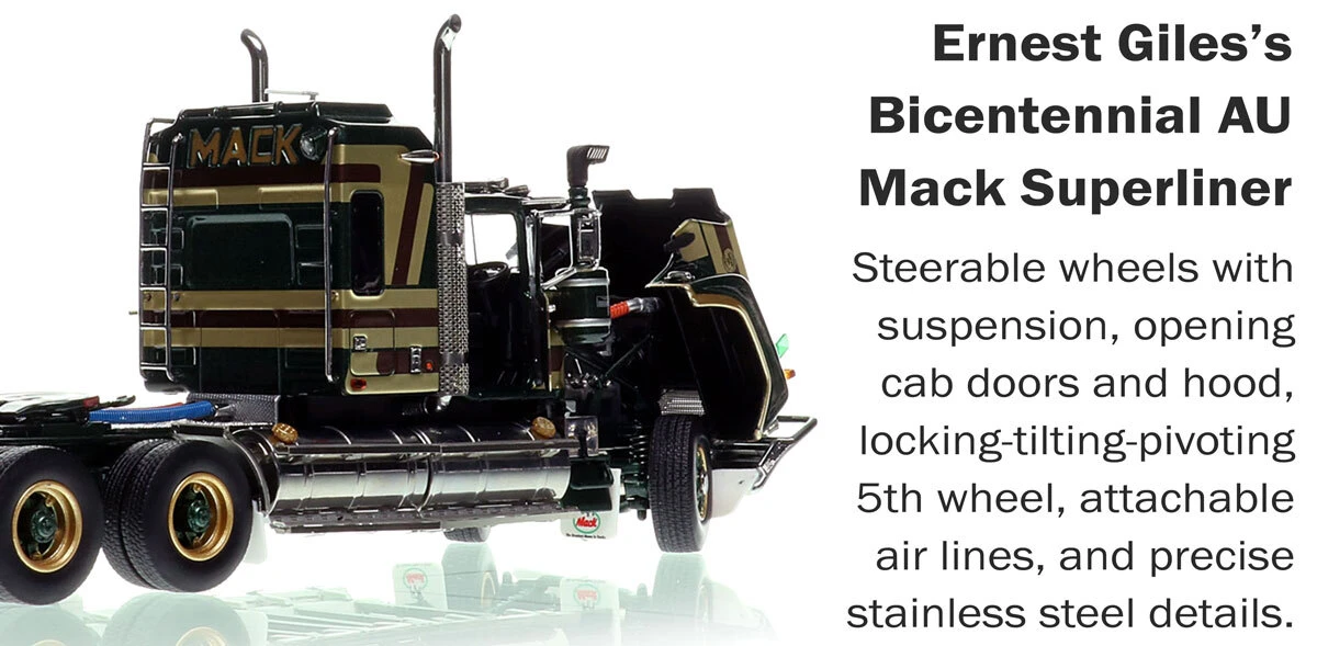 functions of 1:50 scale diecast model of  Mack Bicentennial Superliner II Tandem-Axle Sleeper - Ernest Giles AU