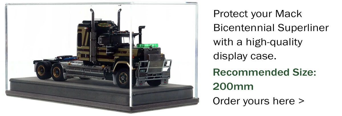 display case for 1:50 scale diecast model of Mack Bicentennial Superliner II Tandem-Axle Sleeper - Governor Phillips AU