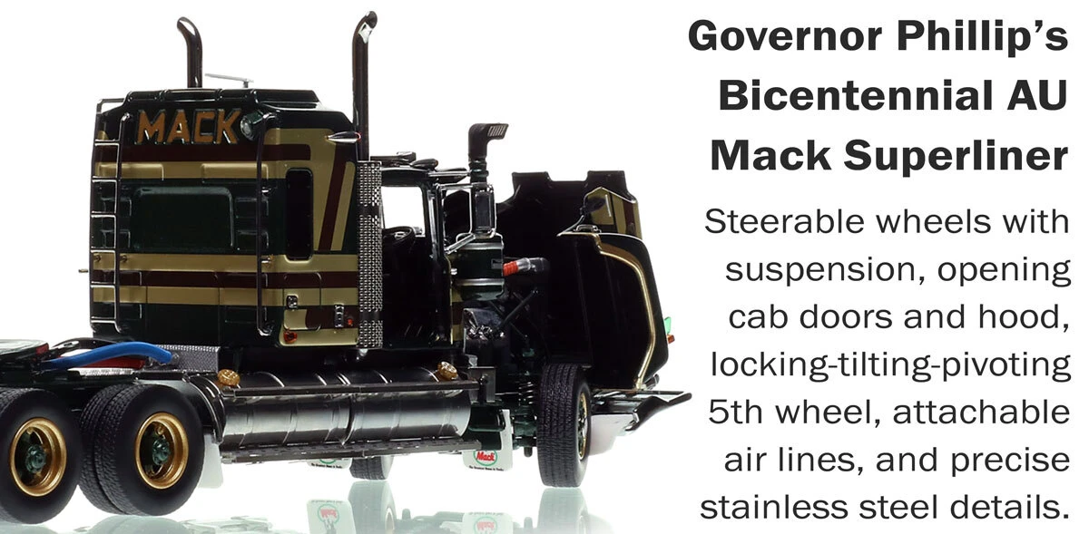 functionality of 1:50 scale diecast model of Mack Bicentennial Superliner II Tandem-Axle Sleeper - Governor Phillips AU