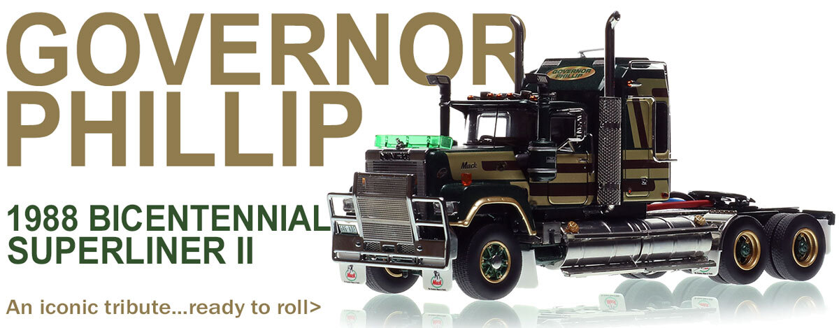 1:50 scale diecast model of Mack Bicentennial Superliner II Tandem-Axle Sleeper - Governor Phillips AU
