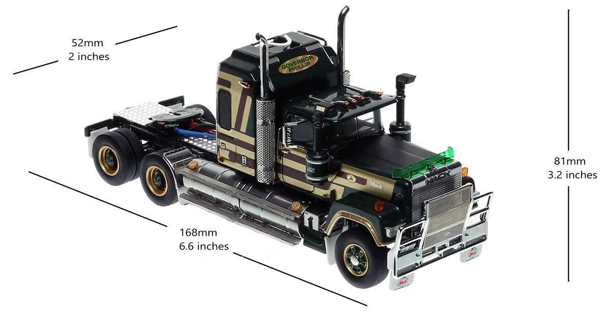 dimensions of 1:50 scale diecast model of Mack Bicentennial Superliner II Tandem-Axle Sleeper - Governor Phillips AU