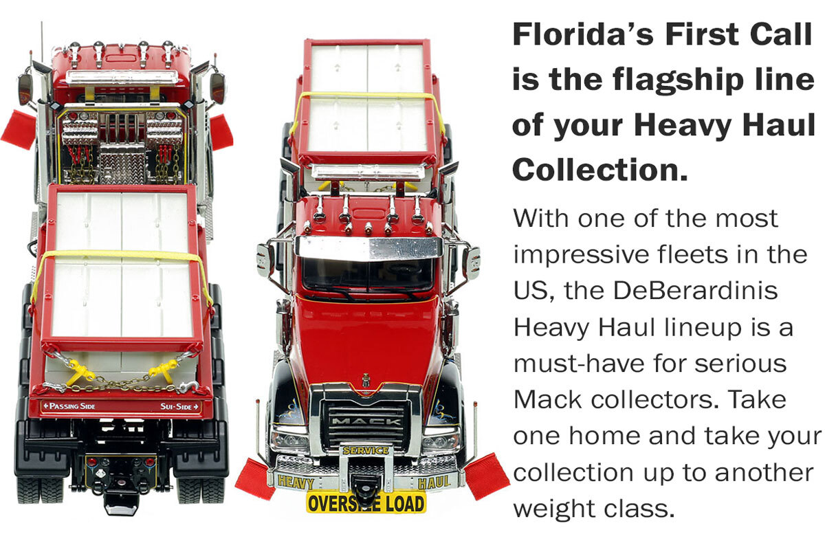 1:50 scale diecast models of DeBerardinis Heavy Haul trucks