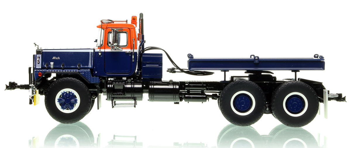 1:50 scale model of Mack RD800 Tandem Axle Tractor with Ballast Tray - Orange/Blue over Black