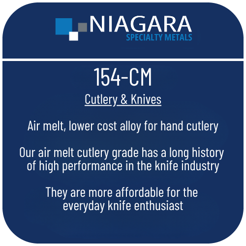 154-CM stainless knife steel product image from Niagara Specialty Metals showing applications and performance benefits