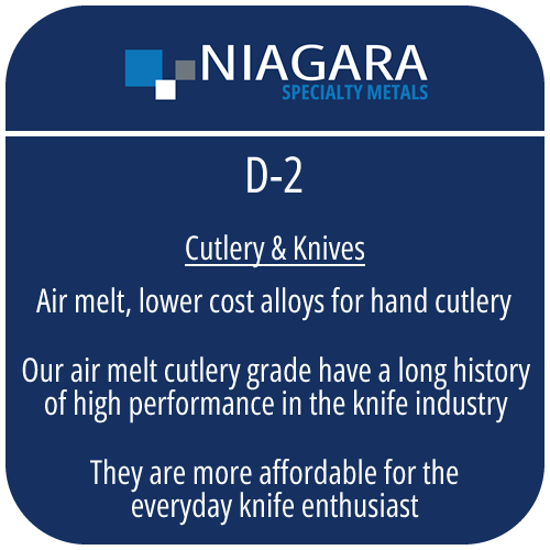 D-2 cold work tool steel product image from Niagara Specialty Metals showing applications and performance benefits