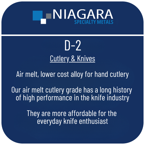 D-2 cold work tool steel product image from Niagara Specialty Metals showing applications and performance benefits