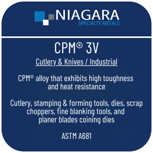 CPM® 3V PM knife steel product image from Niagara Specialty Metals showing applications and performance benefits