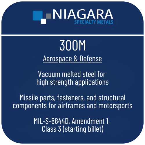 300M aerospace steel product image from Niagara Specialty Metals showing applications and performance benefits