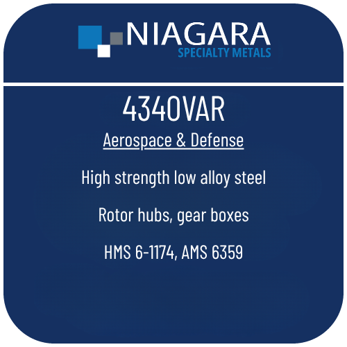 4340VAR aerospace steel product image from Niagara Specialty Metals showing applications and performance benefits