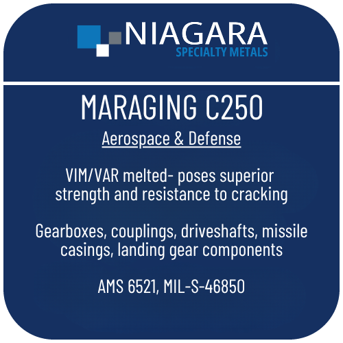 Maraging C250 aerospace steel product image from Niagara Specialty Metals showing applications and performance benefits