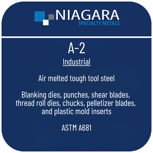 A-2 cold work tool steel product image from Niagara Specialty Metals showing applications and performance benefits
