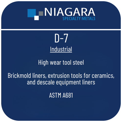 D-7 cold work tool steel product image from Niagara Specialty Metals showing applications and performance benefits
