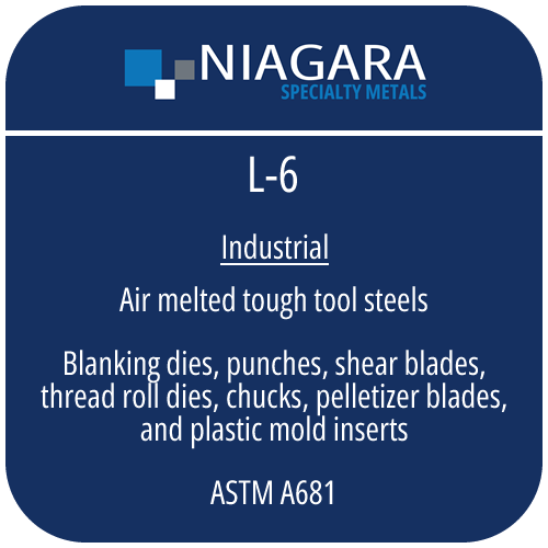 L-6 cold work tool steel product image from Niagara Specialty Metals showing applications and performance benefits