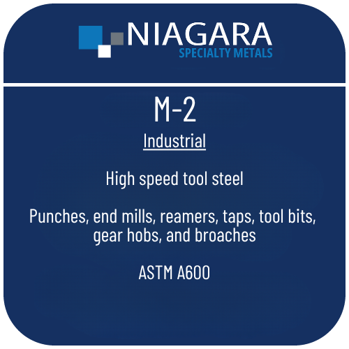 M-2 high speed steel product image from Niagara Specialty Metals showing applications and performance benefits