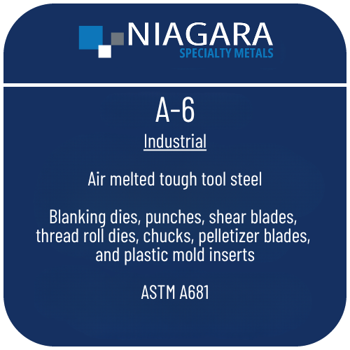 A-6 cold work tool steel product image from Niagara Specialty Metals showing applications and performance benefits