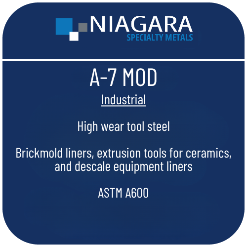 A-7 Mod cold work tool steel product image from Niagara Specialty Metals showing applications and performance benefits