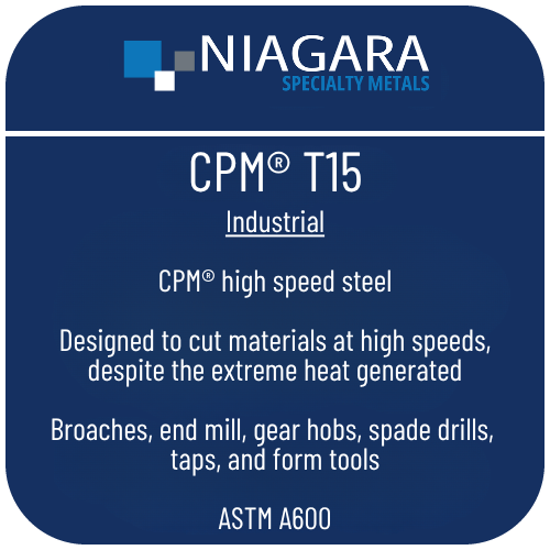 CPM® T15 PM high speed steel product image from Niagara Specialty Metals showing applications and performance benefits