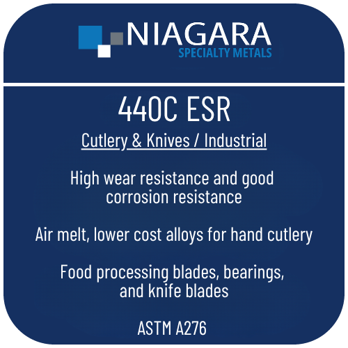 440C ESR stainless knife steel product image from Niagara Specialty Metals showing applications and performance benefits