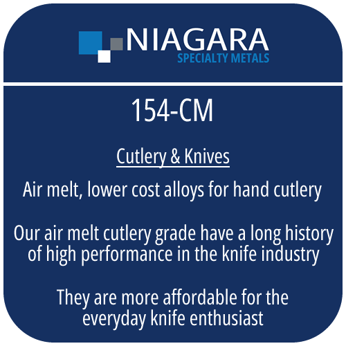 154-CM stainless knife steel product image from Niagara Specialty Metals showing applications and performance benefits