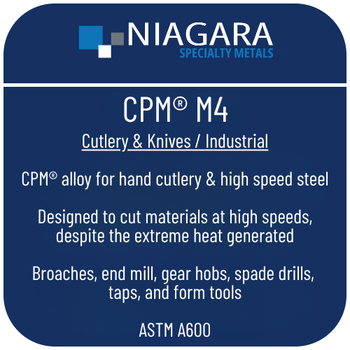 CPM M4 PM high speed steel product image from Niagara Specialty Metals showing applications and performance benefits