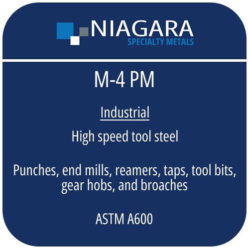 M-4 PM high speed steel product image from Niagara Specialty Metals showing applications and performance benefits