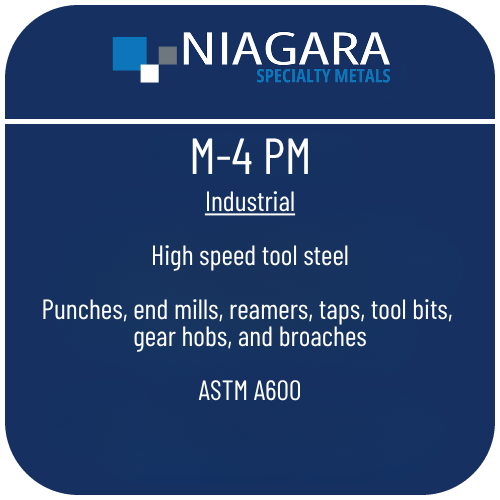 M-4 PM high speed steel product image from Niagara Specialty Metals showing applications and performance benefits