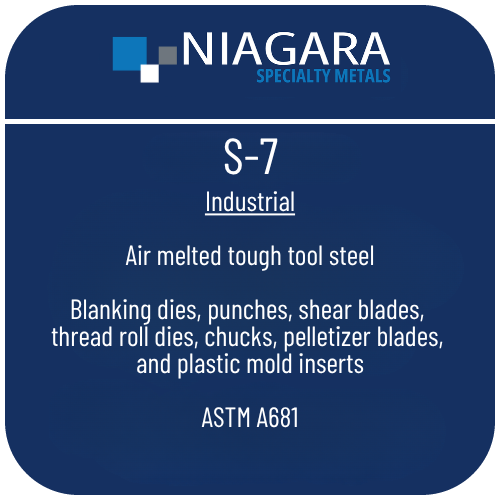 S-7 cold work tool steel product image from Niagara Specialty Metals showing applications and performance benefits