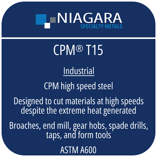 CPM® T15 PM high speed steel product image from Niagara Specialty Metals showing applications and performance benefits