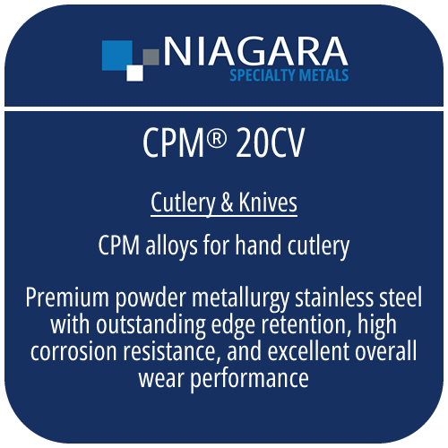 CPM® 20CV PM knife steel product image from Niagara Specialty Metals showing applications and performance benefits