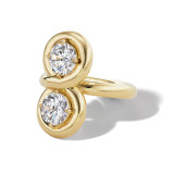 two stone toi et moi engagement ring with endless gold halo and round brilliant diamonds in 18 karat yellow gold; modern moi et toi ring; toi et moi ring
