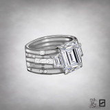 emerald cut and trapezoid energy band engagement ring; wide band engagement ring