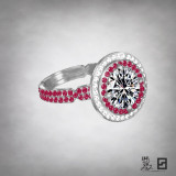 compass set double halo ring pop engagement ring with diamonds and rubies