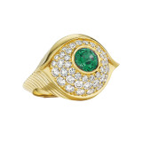 Diamond and emerald evil eye ring in 18k yellow gold