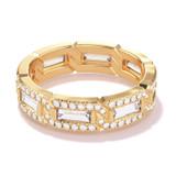 Baguette and round diamond ring pave 8 link band in 18k yellow gold